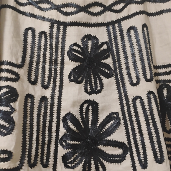 Cottage Core 90's Linen Beige Black Embroidered A-Line Boho Skirt 14 Festival - Picture 5 of 11